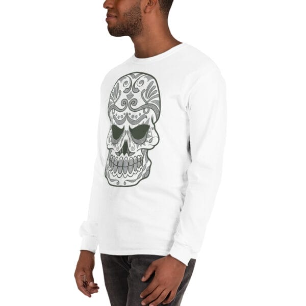 Skull Men’s White Long Sleeve Shirt - Image 4