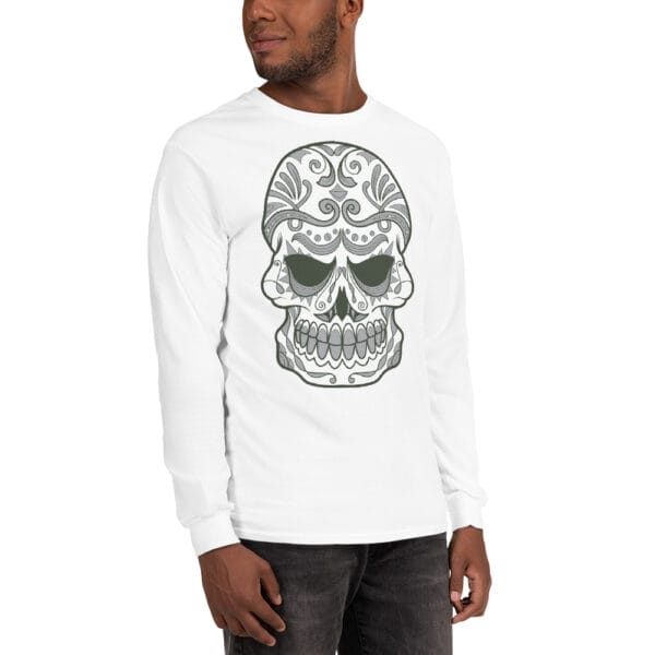 Skull Men’s White Long Sleeve Shirt - Image 6