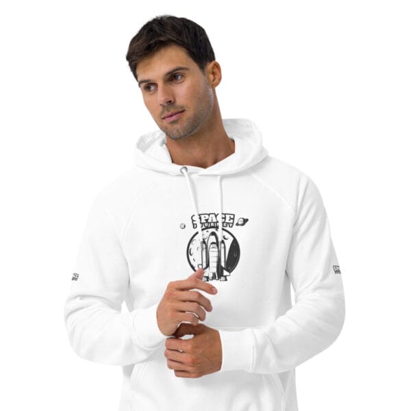 Space Journey White Unisex eco raglan hoodie - Image 2